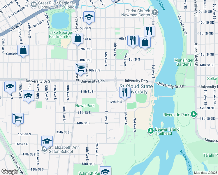 map of restaurants, bars, coffee shops, grocery stores, and more near 1020 6th Avenue South in St. Cloud