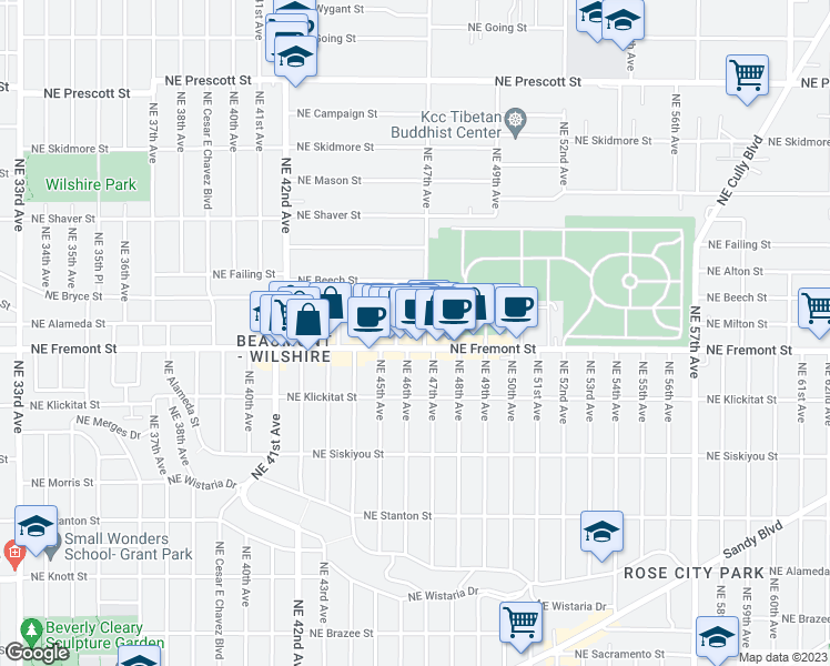 map of restaurants, bars, coffee shops, grocery stores, and more near 3523 Northeast 47th Avenue in Portland