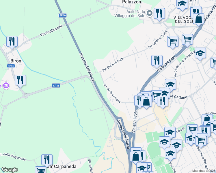 map of restaurants, bars, coffee shops, grocery stores, and more near 172 Strada delle Cattane in Vicenza