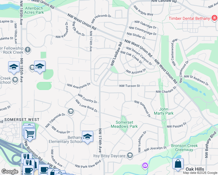 map of restaurants, bars, coffee shops, grocery stores, and more near 17214 Northwest Tucson Street in Beaverton