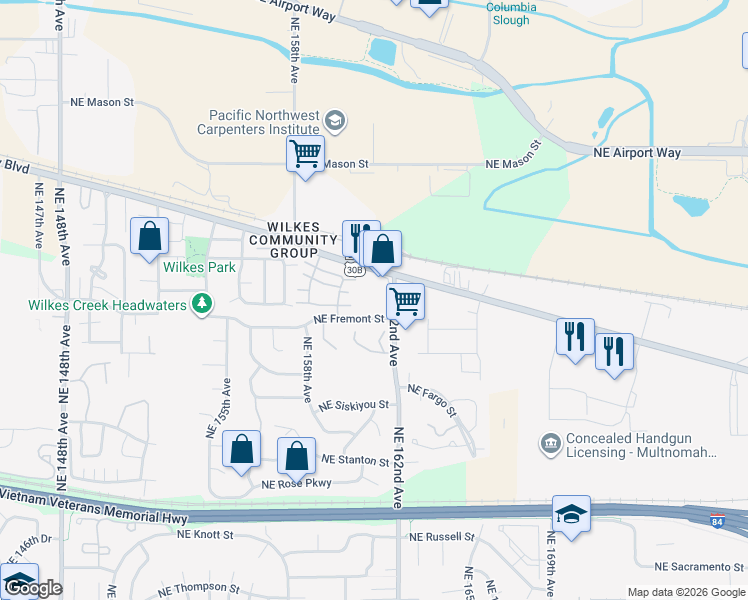 map of restaurants, bars, coffee shops, grocery stores, and more near 3601 Northeast 162nd Avenue in Portland