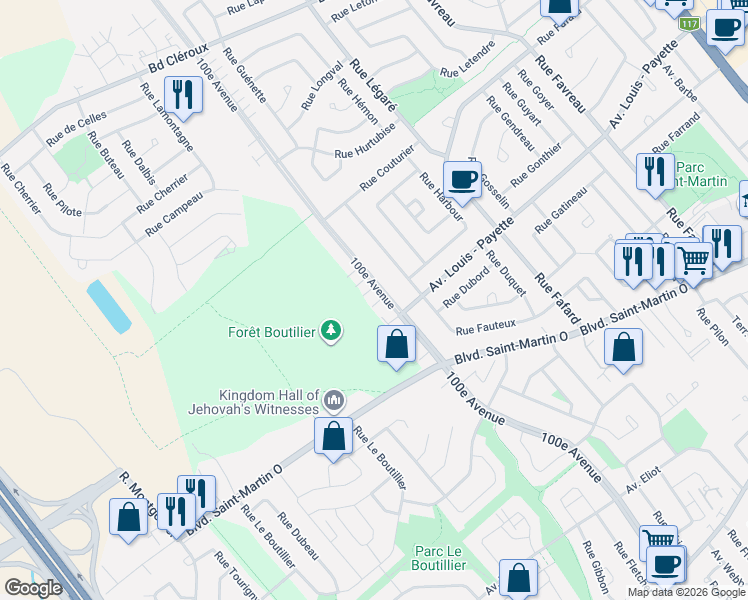 map of restaurants, bars, coffee shops, grocery stores, and more near 2040 100e Avenue in Laval