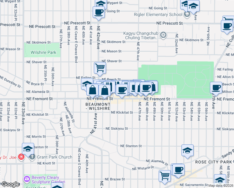 map of restaurants, bars, coffee shops, grocery stores, and more near 3528 Northeast 44th Avenue in Portland