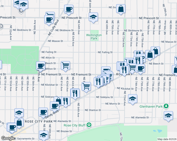 map of restaurants, bars, coffee shops, grocery stores, and more near 3533 Northeast 66th Avenue in Portland