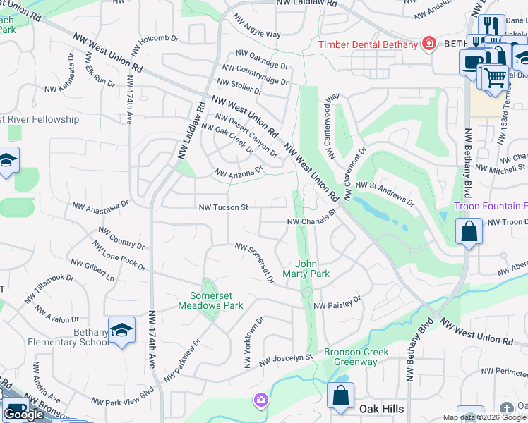 map of restaurants, bars, coffee shops, grocery stores, and more near 16650 Northwest Talkingstick Way in Beaverton