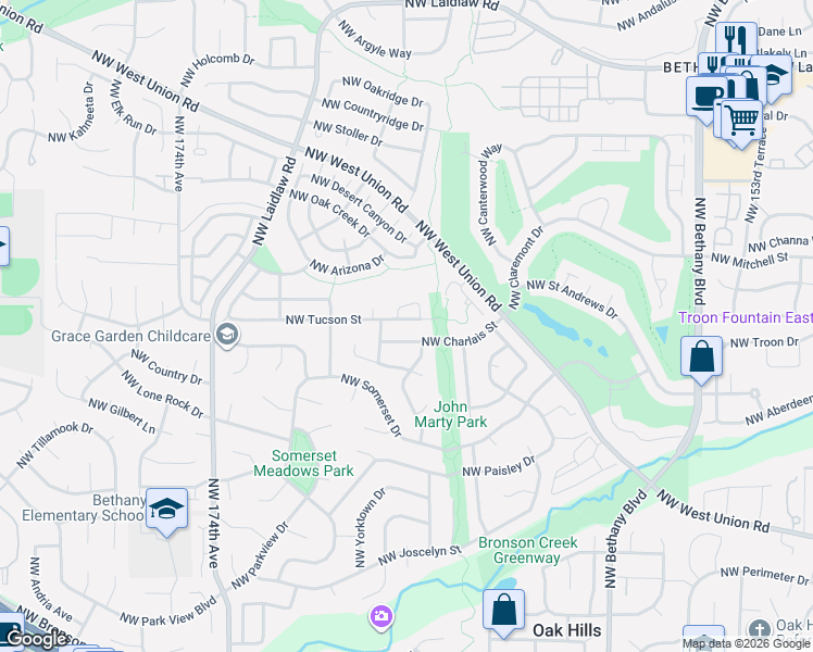 map of restaurants, bars, coffee shops, grocery stores, and more near 16614 Northwest Tucson Street in Beaverton