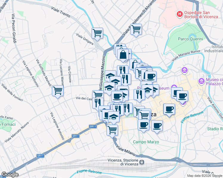 map of restaurants, bars, coffee shops, grocery stores, and more near 31 Contrà Mure San Rocco in Vicenza