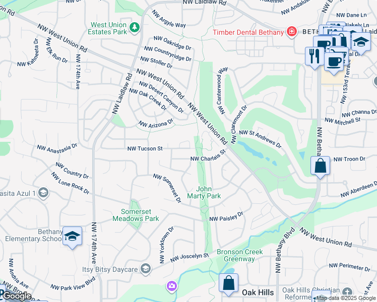 map of restaurants, bars, coffee shops, grocery stores, and more near 16558 Northwest Tucson Street in Beaverton