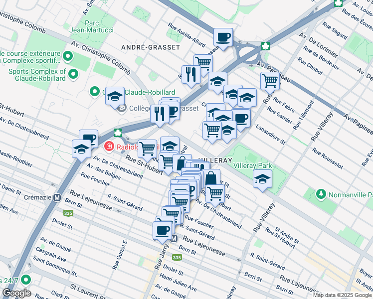 map of restaurants, bars, coffee shops, grocery stores, and more near 1070 Rue Mistral in Montreal