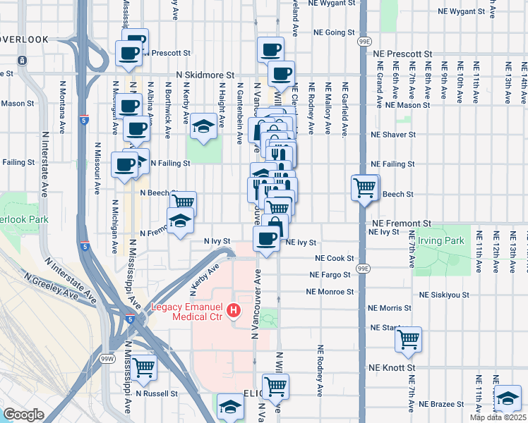 map of restaurants, bars, coffee shops, grocery stores, and more near 3450 North Williams Avenue in Portland