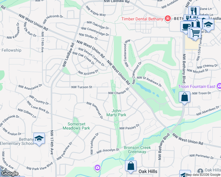 map of restaurants, bars, coffee shops, grocery stores, and more near 16520 Northwest Tucson Street in Beaverton