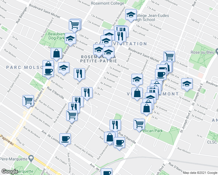 map of restaurants, bars, coffee shops, grocery stores, and more near 5818 4e Avenue in Montréal