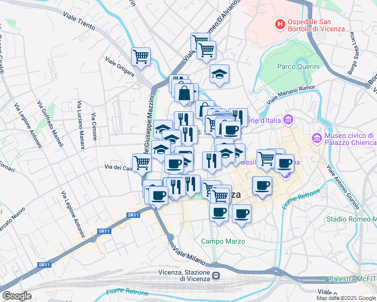 map of restaurants, bars, coffee shops, grocery stores, and more near 31 Contrà Sant'Ambrogio in Vicenza
