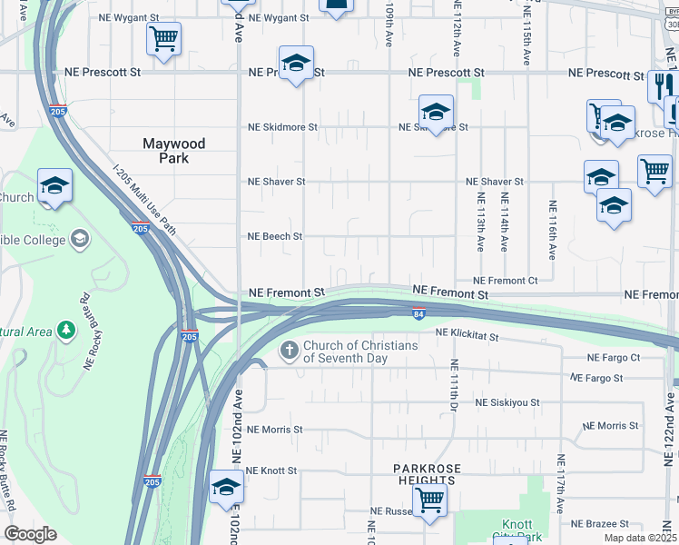 map of restaurants, bars, coffee shops, grocery stores, and more near 10643 Northeast Fremont Street in Portland