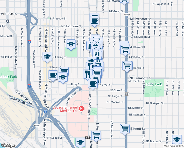 map of restaurants, bars, coffee shops, grocery stores, and more near 3530 Vancouver in Portland