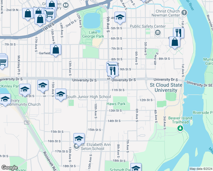 map of restaurants, bars, coffee shops, grocery stores, and more near 1017 9th Avenue South in St. Cloud