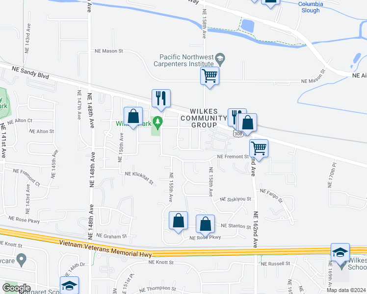 map of restaurants, bars, coffee shops, grocery stores, and more near 15629 Northeast Milton Place in Portland