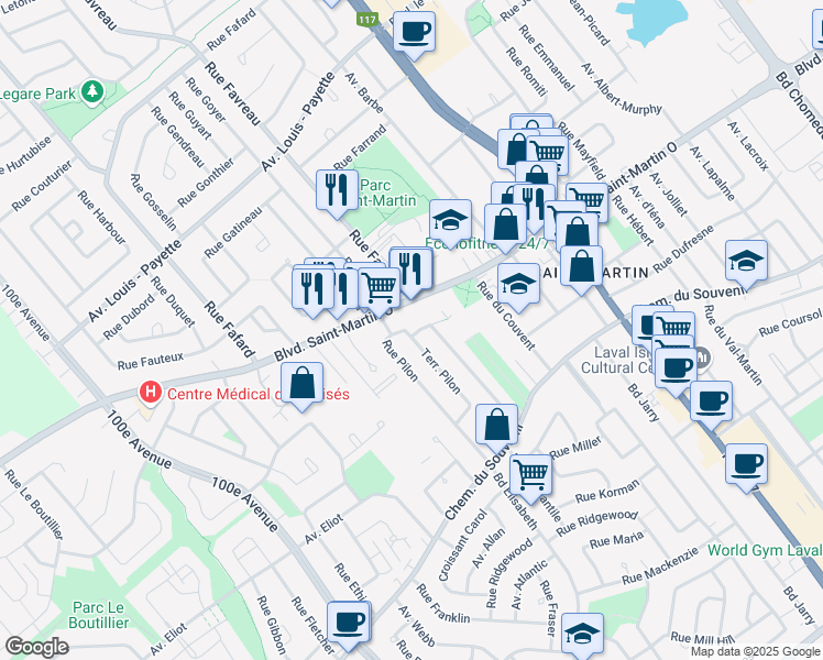 map of restaurants, bars, coffee shops, grocery stores, and more near 1661 Terrasse Pilon in Laval