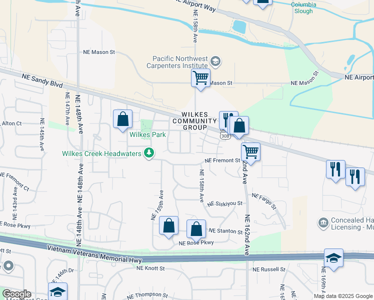 map of restaurants, bars, coffee shops, grocery stores, and more near 3602 Northeast 158th Avenue in Portland