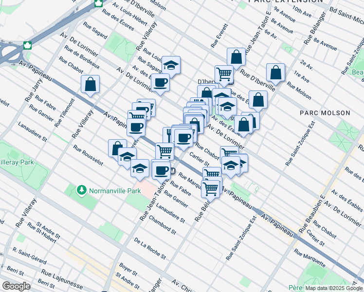 map of restaurants, bars, coffee shops, grocery stores, and more near 7177 Rue Cartier in Montréal
