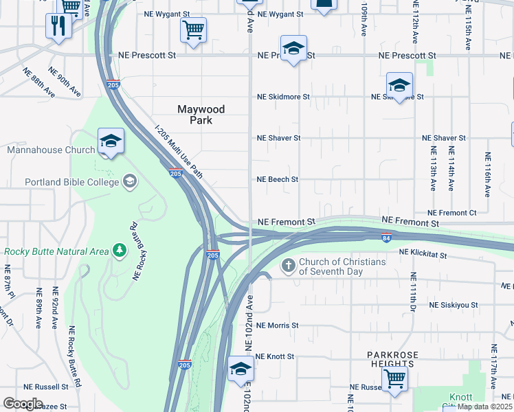 map of restaurants, bars, coffee shops, grocery stores, and more near 3511 Northeast 102nd Avenue in Portland