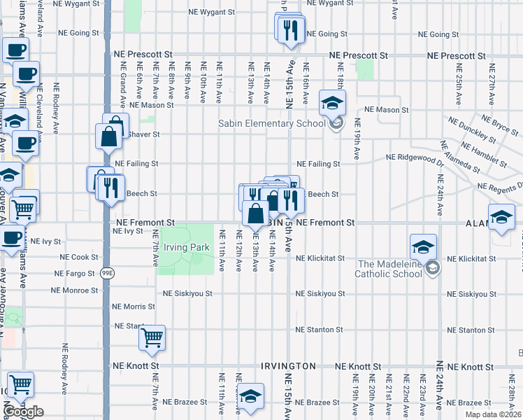 map of restaurants, bars, coffee shops, grocery stores, and more near 3619 Northeast 14th Avenue in Portland