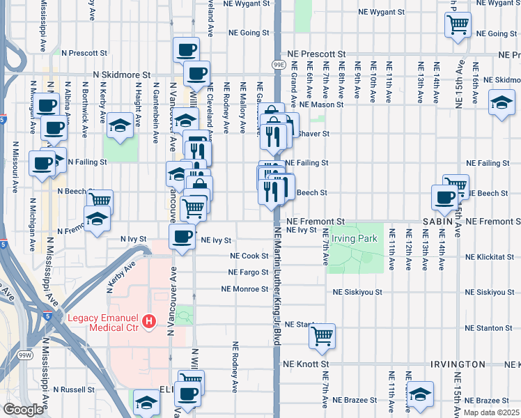 map of restaurants, bars, coffee shops, grocery stores, and more near 3606 Northeast Garfield Avenue in Portland