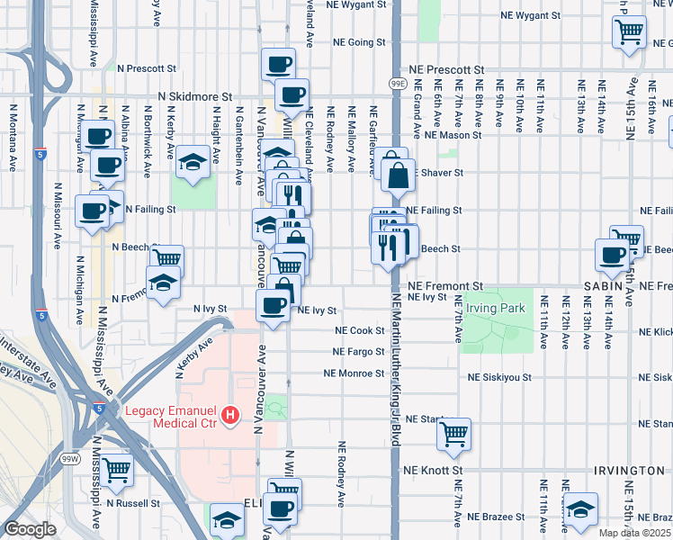 map of restaurants, bars, coffee shops, grocery stores, and more near 3605 Northeast Mallory Avenue in Portland