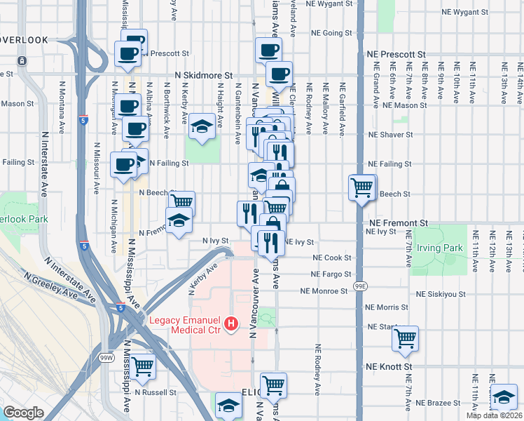 map of restaurants, bars, coffee shops, grocery stores, and more near 3537 North Williams Avenue in Portland