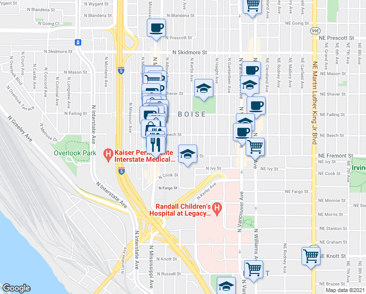map of restaurants, bars, coffee shops, grocery stores, and more near 3606 North Borthwick Avenue in Portland