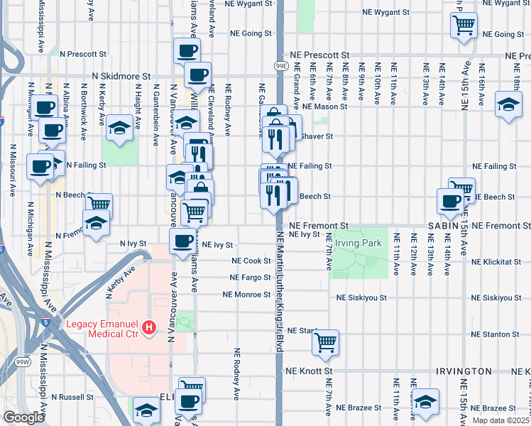 map of restaurants, bars, coffee shops, grocery stores, and more near 3606 Northeast Garfield Avenue in Portland