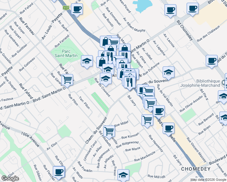 map of restaurants, bars, coffee shops, grocery stores, and more near 1012 Rue Saint Thomas in Laval