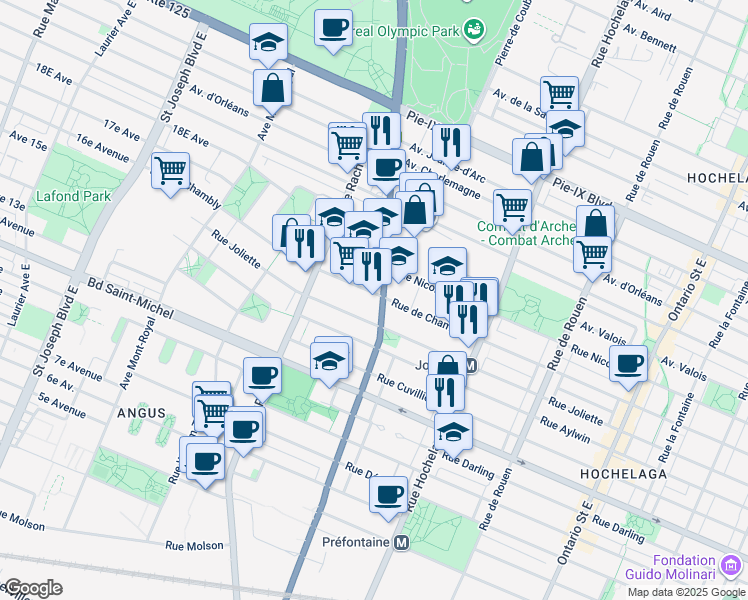 map of restaurants, bars, coffee shops, grocery stores, and more near 3645 Rue Sherbrooke Est in Montréal