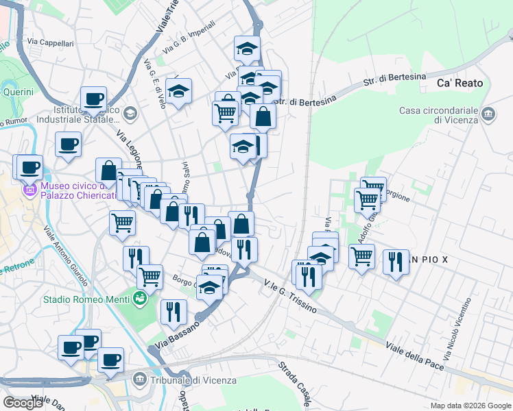 map of restaurants, bars, coffee shops, grocery stores, and more near 63 Via Domenico Meschinelli in Vicenza