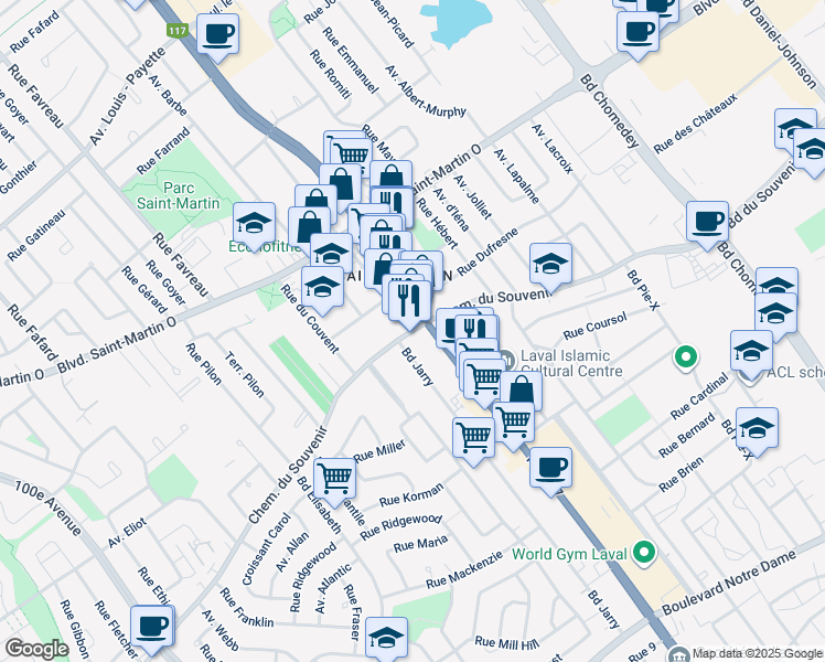 map of restaurants, bars, coffee shops, grocery stores, and more near 4563 Chemin du Souvenir in Laval