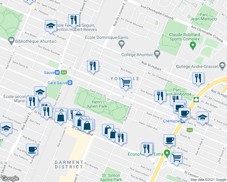 map of restaurants, bars, coffee shops, grocery stores, and more near 9293 Rue Berri in Montréal