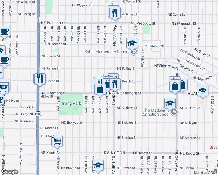 map of restaurants, bars, coffee shops, grocery stores, and more near 3535 Northeast 15th Avenue in Portland
