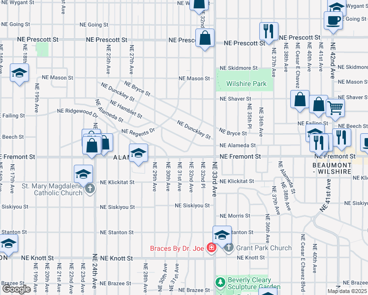 map of restaurants, bars, coffee shops, grocery stores, and more near 3251 Northeast Alameda Terrace in Portland