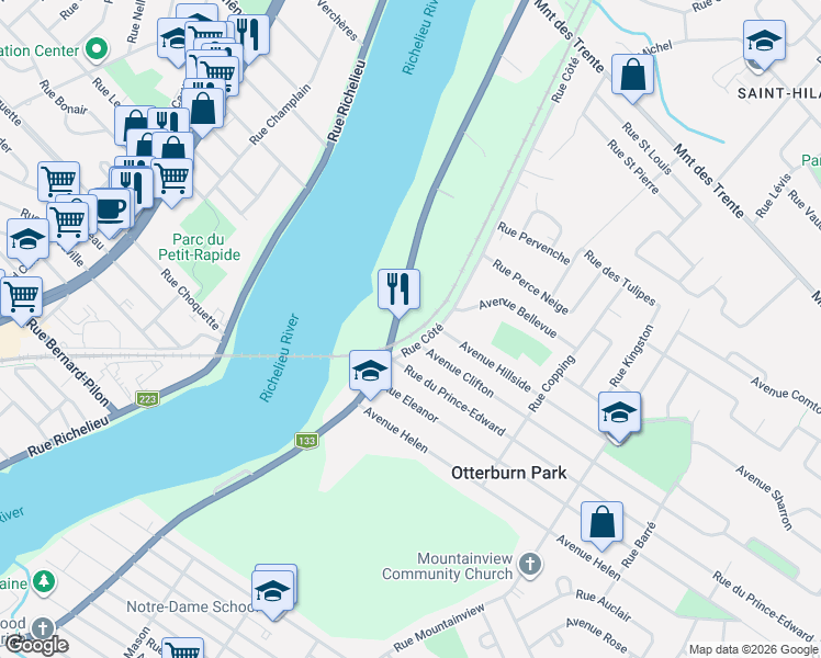 map of restaurants, bars, coffee shops, grocery stores, and more near 470 Chemin des Patriotes Sud in Mont-Saint-Hilaire