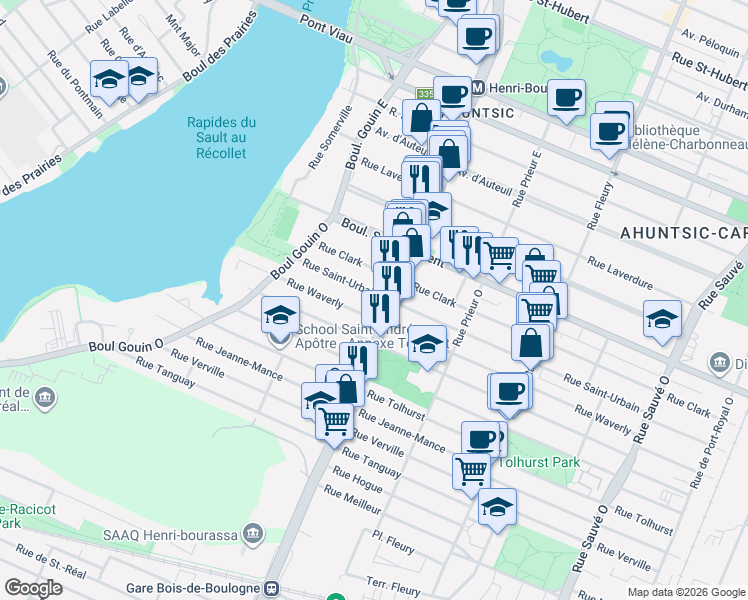 map of restaurants, bars, coffee shops, grocery stores, and more near 10724 Rue Saint-Urbain in Montréal
