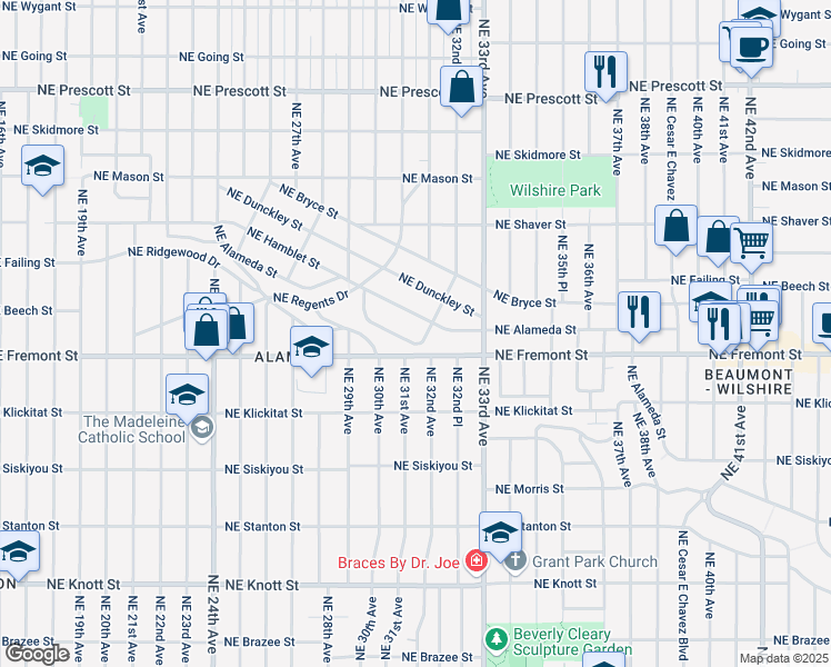 map of restaurants, bars, coffee shops, grocery stores, and more near 3251 Northeast Alameda Terrace in Portland