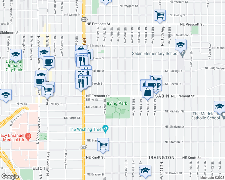 map of restaurants, bars, coffee shops, grocery stores, and more near 3538 Northeast 8th Avenue in Portland