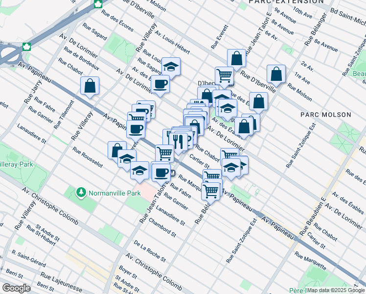map of restaurants, bars, coffee shops, grocery stores, and more near 7177 Rue Cartier in Montréal