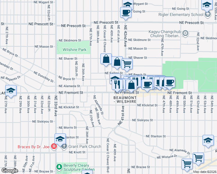 map of restaurants, bars, coffee shops, grocery stores, and more near 3605 Northeast Cesar E Chavez Boulevard in Portland