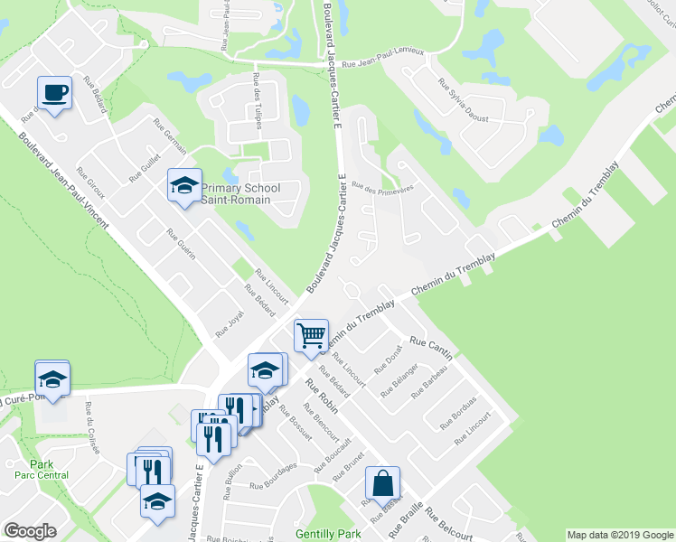 map of restaurants, bars, coffee shops, grocery stores, and more near 2095 Chemin du Tremblay in Longueuil