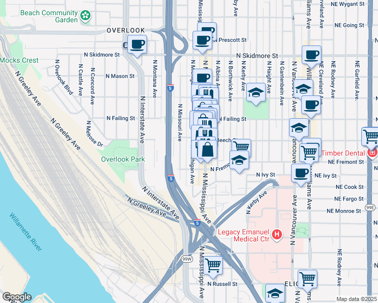 map of restaurants, bars, coffee shops, grocery stores, and more near 3618 North Missouri Avenue in Portland