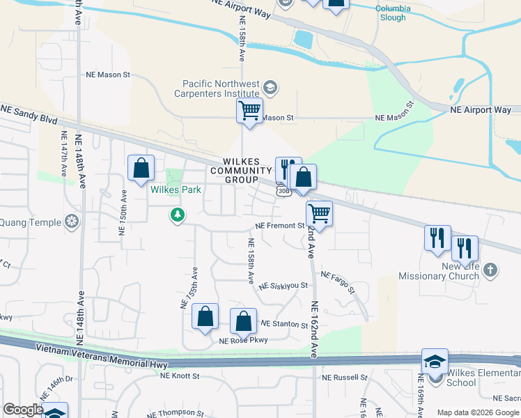 map of restaurants, bars, coffee shops, grocery stores, and more near 15920 Northeast Sandy Boulevard in Portland