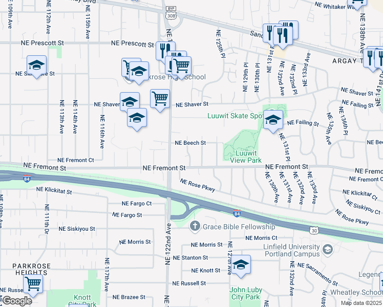 map of restaurants, bars, coffee shops, grocery stores, and more near 3603 Northeast 125th Avenue in Portland