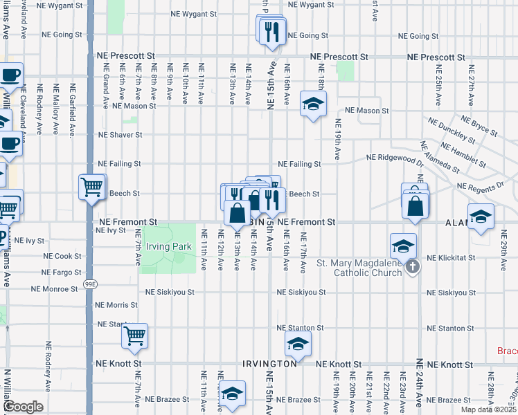 map of restaurants, bars, coffee shops, grocery stores, and more near 3604 Northeast 15th Avenue in Portland