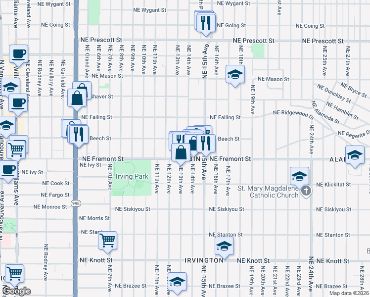 map of restaurants, bars, coffee shops, grocery stores, and more near 3619 Northeast 14th Avenue in Portland